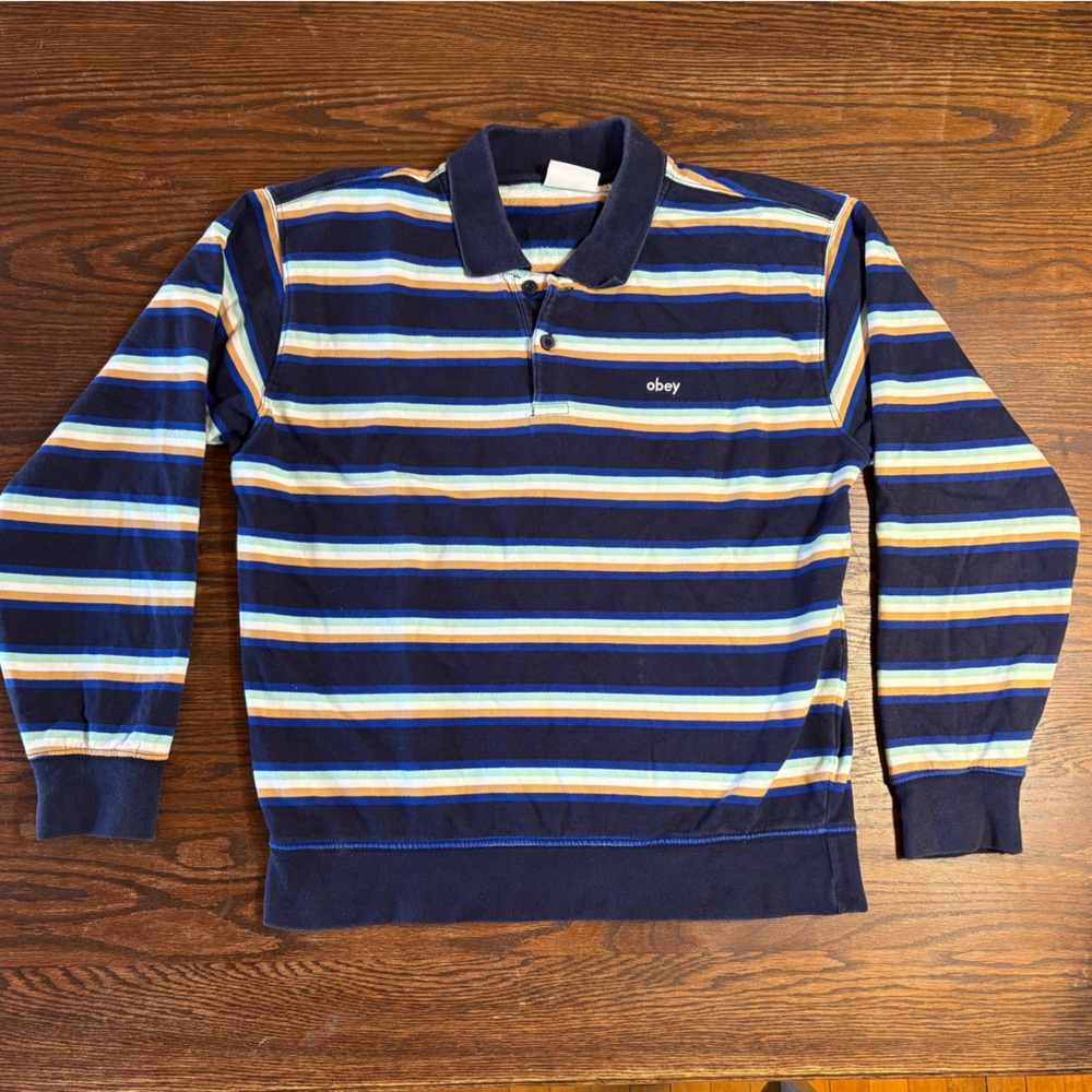 Obey Striped Long Sleeve Rugby Polo Shirt